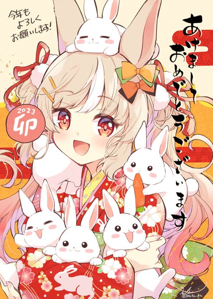 Anime picture 1069x1500 with original hazuki natsu single long hair tall image looking at viewer open mouth blonde hair red eyes animal ears upper body traditional clothes :d japanese clothes two side up bunny ears new year happy new year animal on shoulder animal on head