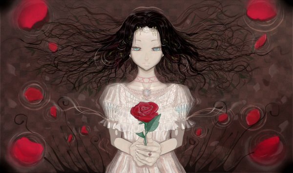 Anime picture 1200x710 with original sil (freesil) single long hair black hair wide image holding aqua eyes partially submerged pale skin ripples girl dress flower (flowers) petals water white dress rose (roses) pendant jewelry