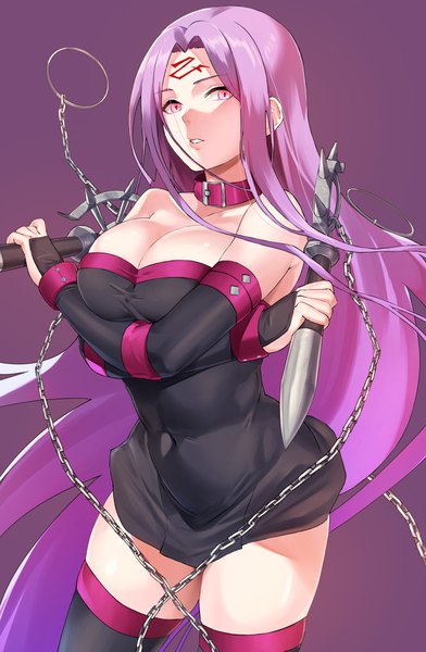 Anime picture 2676x4093 with fate (series) fate/stay night rider fujitsubo (hujitubo0731) single tall image looking at viewer highres breasts light erotic simple background large breasts standing bare shoulders holding cleavage purple hair very long hair parted lips zettai ryouiki