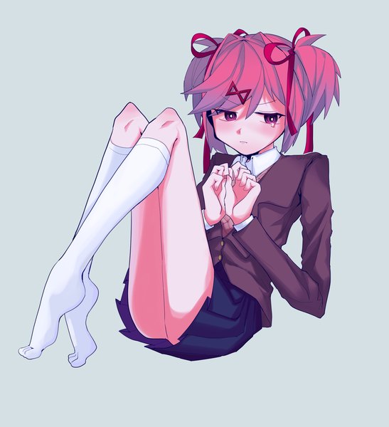 Anime picture 2754x3020 with doki doki literature club natsuki (doki doki literature club) zhi tang single tall image blush fringe highres short hair light erotic simple background hair between eyes sitting purple eyes looking away pink hair full body bent knee (knees) pleated skirt grey background