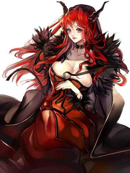 Anime picture 1000x1333 with maoyuu maou yuusha arms corporation maou (maoyuu) katsu ryouji (rana+) single long hair tall image breasts light erotic red eyes large breasts white background red hair horn (horns) girl dress