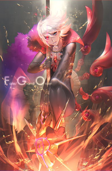 Anime picture 526x800 with fate (series) fate/grand order karna (fate) yoshimoto (dear life) single tall image looking at viewer fringe short hair hair between eyes white hair copyright name heterochromia boy weapon