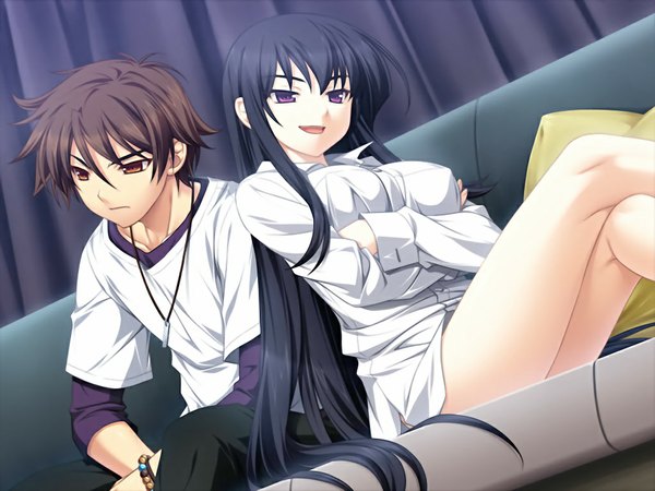 Anime picture 1024x768 with comu -kuroi ryuu to yasashii oukoku- hinaori kagome long hair short hair light erotic black hair brown hair purple eyes brown eyes game cg girl boy couch