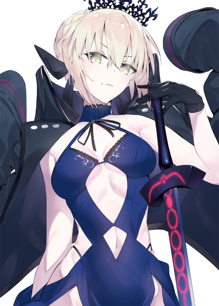 Anime picture 812x1136 with fate (series) fate/grand order artoria pendragon (all) artoria pendragon (alter swimsuit rider) (fate) hayashi kewi single tall image looking at viewer blush fringe short hair breasts light erotic simple background blonde hair hair between eyes white background bare shoulders yellow eyes payot