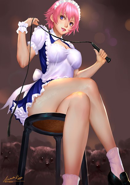 Anime picture 635x900 with original ariver kao single tall image fringe short hair breasts blue eyes light erotic hair between eyes sitting signed looking away pink hair from below maid legs crossed legs girl dress