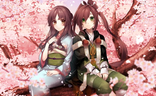 Anime picture 1350x832 with ken ga kimi kayo (ken ga kimi) suzukake sakura yuki (clochette) long hair looking at viewer blush wide image sitting twintails brown eyes green eyes traditional clothes japanese clothes light smile cherry blossoms happy birthday tree sitting girl boy