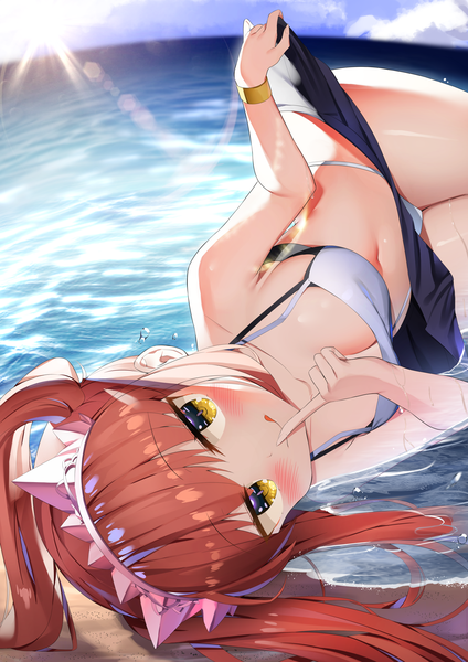 Anime picture 3500x4950 with fate (series) fate/grand order medb (fate) medb (swimsuit saber) (fate) kuse (0201) single long hair tall image looking at viewer blush fringe highres breasts light erotic smile large breasts twintails yellow eyes payot pink hair