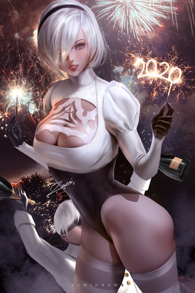 Anime picture 2339x3508 with nier nier:automata yorha no. 2 type b yorha no. 9 type s zumi (zumidraws) tall image looking at viewer blush fringe highres short hair breasts light erotic smile large breasts standing purple eyes holding signed outdoors