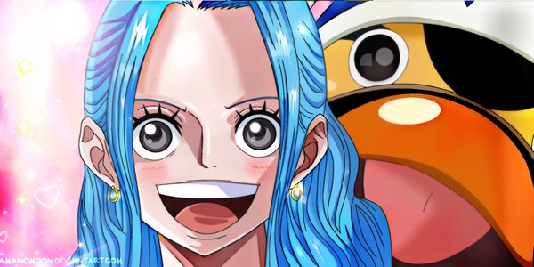 Anime picture 4096x2049 with one piece toei animation nefertari vivi carue amanomoon single long hair looking at viewer blush highres open mouth smile wide image signed blue hair absurdres :d teeth sparkle coloring