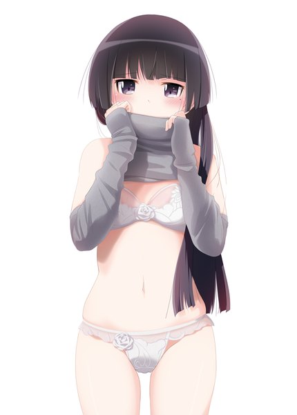 Anime picture 600x837 with ore no imouto ga konna ni kawaii wake ga nai gokou ruri suzumeko single long hair tall image blush light erotic black hair simple background white background black eyes mole embarrassed mole under eye girl navel underwear panties detached sleeves