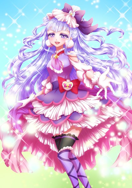 Anime picture 700x1000 with precure hugtto! precure toei animation ruru amour cure amour kimitoiru nichi single long hair tall image looking at viewer blush fringe open mouth simple background smile standing purple eyes purple hair blunt bangs :d