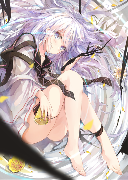 Anime picture 1332x1864 with original koomoi single long hair tall image looking at viewer blush fringe blue eyes light erotic bent knee (knees) ass white hair lying barefoot from above on side sailor collar girl flower (flowers)