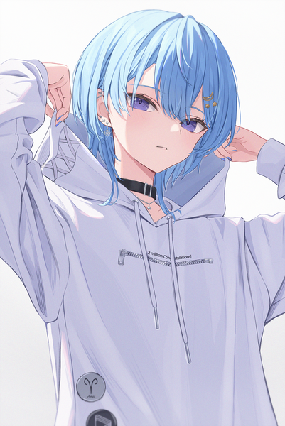 Anime picture 1378x2061 with virtual youtuber hololive hoshimachi suisei norio (noriosub) single tall image fringe short hair simple background hair between eyes white background purple eyes blue hair nail polish from below alternate costume piercing ear piercing adjusting hood girl