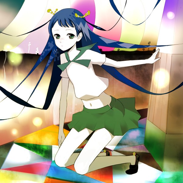 Anime picture 1200x1200 with original felt (lidsan) single long hair green eyes blue hair girl skirt serafuku