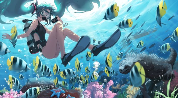 Anime picture 1300x722 with vocaloid hatsune miku gyaku tsubasa long hair light erotic wide image twintails aqua eyes aqua hair underwater diving girl swimsuit water bubble (bubbles) fish (fishes) goggles camera watercraft starfish