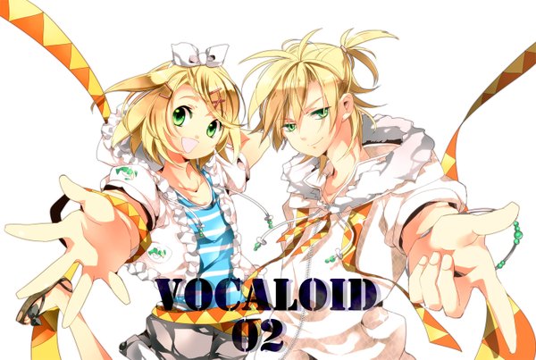 Anime picture 1488x1000 with vocaloid kagamine rin kagamine len hanei rika (artist) blonde hair white background green eyes couple girl