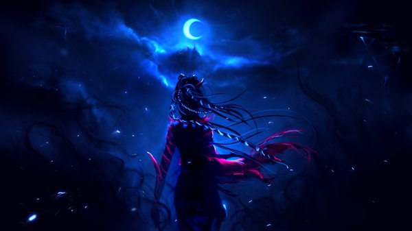 Anime-Bild 1600x900 mit wen-jr single long hair wide image standing cloud (clouds) wind night torn clothes back black background lightning darkness girl hair ornament moon