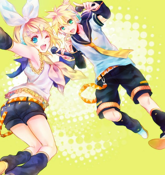 Anime picture 1000x1057 with vocaloid kagamine rin kagamine len madogawa tall image looking at viewer short hair open mouth blue eyes blonde hair simple background green eyes one eye closed wink jumping yellow background twins singing girl boy