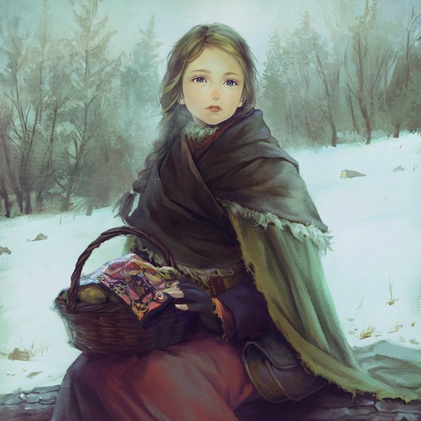 Anime picture 900x900 with original moyamoya single long hair blue eyes brown hair sitting looking away outdoors braid (braids) lips realistic single braid winter snow exhalation girl skirt gloves plant (plants)