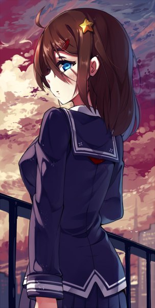 Anime picture 911x1800 with original baisi shaonian single long hair tall image looking at viewer blush blue eyes brown hair sky cloud (clouds) ahoge from behind turning head girl uniform hair ornament serafuku fence