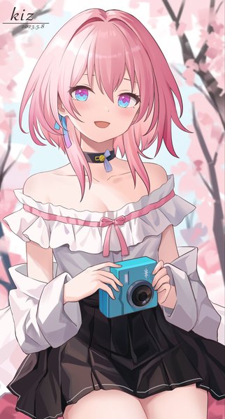 Anime picture 1029x1920 with honkai: star rail honkai (series) march 7th (honkai: star rail) kiz mk single tall image looking at viewer fringe short hair open mouth hair between eyes signed pink hair :d pleated skirt cherry blossoms dated multicolored eyes girl skirt