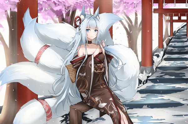 Anime picture 3500x2318 with azur lane shinano (azur lane) qing wu single long hair looking at viewer fringe highres blue eyes smile sitting bare shoulders animal ears absurdres silver hair outdoors tail traditional clothes japanese clothes animal tail