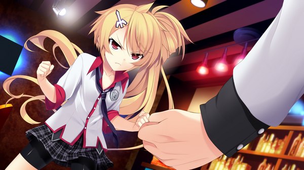 Anime picture 1280x720 with chuning lover natsu konatsu koso long hair blonde hair red eyes wide image game cg ponytail side ponytail girl skirt hair ornament miniskirt necktie