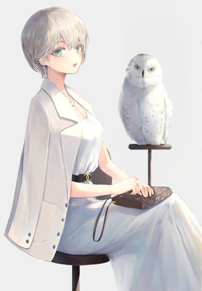 Anime picture 2244x3225 with original chanel pigone single tall image looking at viewer blush fringe highres short hair breasts open mouth simple background sitting green eyes cleavage grey hair grey background clothes on shoulders girl