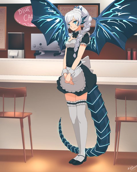 Anime picture 2480x3100 with rwby yu-gi-oh! rooster teeth weiss schnee blue eyes white dragon ar jart single long hair tall image looking at viewer highres blue eyes smile standing signed silver hair full body tail braid (braids) short sleeves
