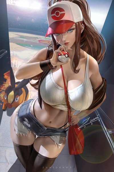 Anime picture 720x1080 with pokemon pokemon black and white nintendo hilda (pokemon) tepig zumi (zumidraws) single long hair tall image looking at viewer blush breasts blue eyes light erotic brown hair large breasts standing holding signed ponytail