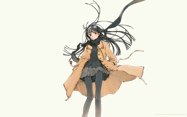Anime picture 1920x1200 with littlewitch oyari ashito single long hair looking at viewer highres black hair wide image wind black eyes open clothes wallpaper hands in pockets girl pantyhose black pantyhose scarf coat