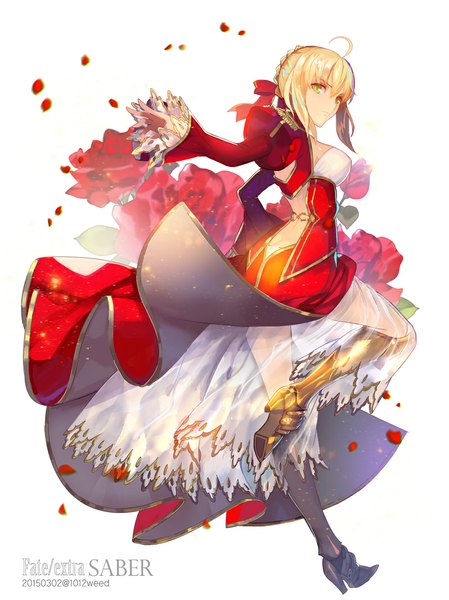 Anime picture 800x1069 with fate (series) fate/extra type-moon nero claudius (fate) (all) nero claudius (fate) astarone single tall image fringe short hair blonde hair simple background white background green eyes ahoge bent knee (knees) copyright name outstretched arm dated leg lift (legs lift)