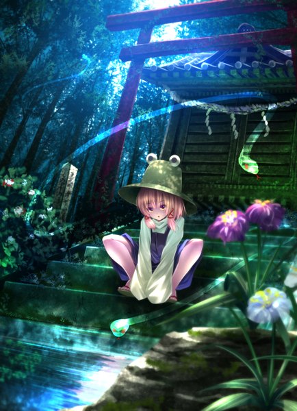 Anime picture 1000x1382 with touhou moriya suwako ryosios tall image short hair open mouth blonde hair sitting yellow eyes girl dress flower (flowers) plant (plants) hat tree (trees) water stairs sandals snake torii