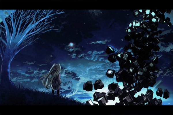 Anime picture 1280x853 with vocaloid hatsune miku tom (pixiv 326525) single long hair twintails sky cloud (clouds) from behind night hands in pockets falling girl plant (plants) tree (trees) television