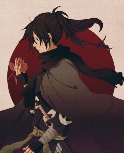 Anime picture 800x982 with dororo (tezuka) hyakkimaru (dororo) naruse yuru single long hair tall image fringe black hair simple background hair between eyes standing holding looking away ponytail traditional clothes japanese clothes profile black eyes floating hair sheathed