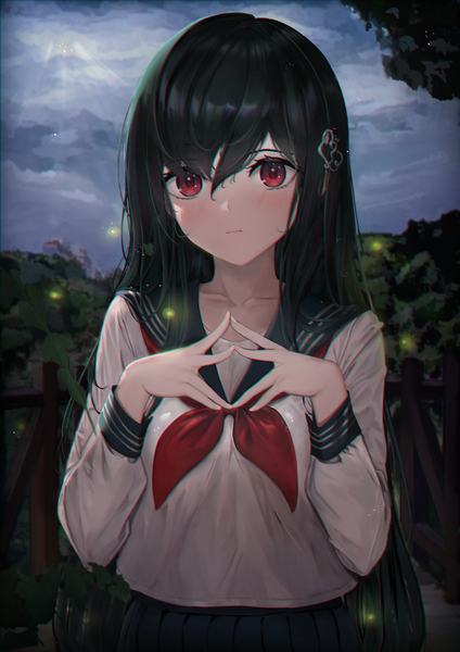 Anime picture 1750x2475 with original solaris (sinhyg) single long hair tall image blush fringe highres black hair hair between eyes red eyes standing looking away sky cloud (clouds) upper body outdoors long sleeves fingers together girl