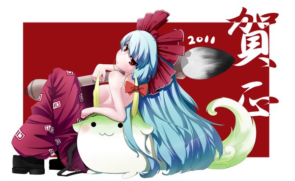 Anime picture 1500x923 with touhou fujiwara no mokou tama (speedgrapher) long hair light erotic red eyes wide image blue hair looking back from behind topless reclining girl bow hair bow