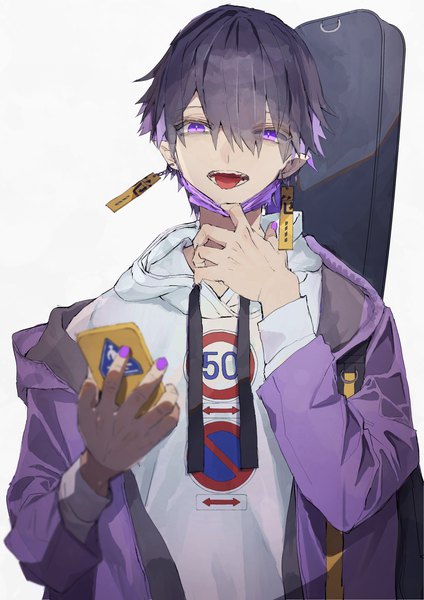 Anime picture 2894x4093 with original sakusya2honda single tall image looking at viewer fringe highres short hair black hair simple background hair between eyes white background purple eyes upper body nail polish pointy ears open jacket purple nail polish mask pull boy