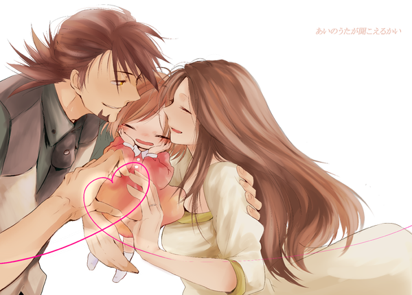 Anime picture 1500x1076 with tiger & bunny sunrise (studio) kaburagi t. kotetsu kaburagi kaede kaburagi tomoe mochi mocchi long hair short hair brown hair yellow eyes eyes closed hug transparent background face to face heart of string family girl boy heart child (children)