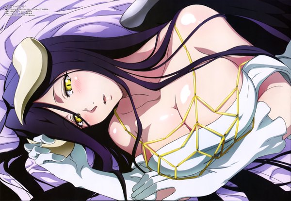 Anime picture 5930x4092 with overlord (maruyama) madhouse megami magazine albedo (overlord) long hair looking at viewer blush highres breasts light erotic black hair large breasts yellow eyes absurdres horn (horns) official art girl dress gloves white gloves