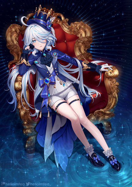 Anime picture 848x1200 with genshin impact furina (genshin impact) helloimtea single long hair tall image looking at viewer fringe blue eyes sitting silver hair full body ahoge hair over one eye bare legs sparkle ripples girl gloves shorts