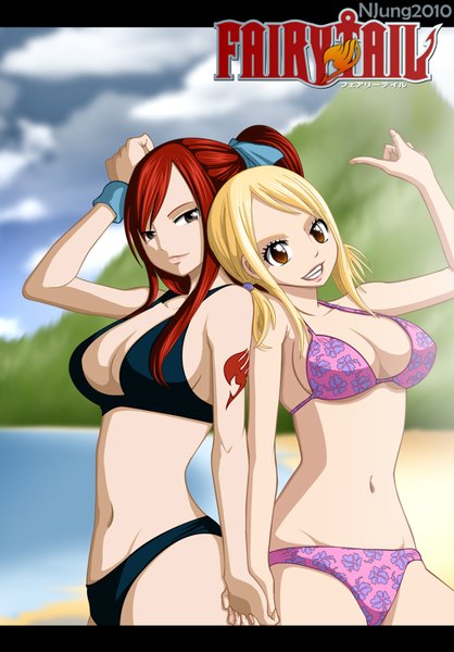Anime picture 1024x1470 with fairy tail lucy heartfilia erza scarlet natilokijung long hair tall image looking at viewer light erotic blonde hair smile twintails multiple girls brown eyes sky cloud (clouds) ponytail red hair lips inscription tattoo