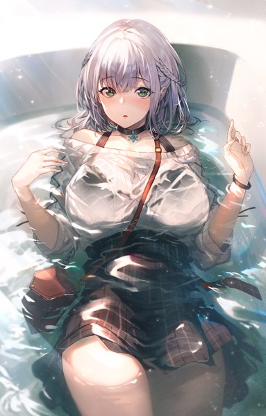 Anime picture 3197x5000 with virtual youtuber hololive shirogane noel shirogane noel (3rd costume) kakage single tall image looking at viewer blush fringe highres short hair breasts open mouth light erotic large breasts green eyes absurdres silver hair lying