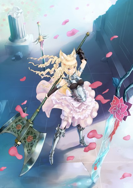 Anime picture 1002x1417 with original ryouku single tall image blonde hair purple eyes fox ears fox tail fox girl girl dress weapon petals sword armor