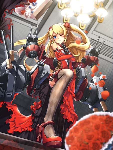 Anime picture 682x908 with kantai collection bismarck battleship mikoto (mio) single long hair tall image blush blue eyes blonde hair one eye closed wink legs girl thighhighs dress gloves flower (flowers) weapon petals elbow gloves