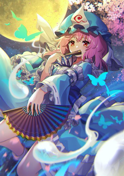 Anime picture 2894x4093 with touhou saigyouji yuyuko yuujin (yuzinn333) single tall image highres short hair red eyes pink hair cherry blossoms covered mouth anaglyph girl hat frills insect butterfly moon bonnet full moon