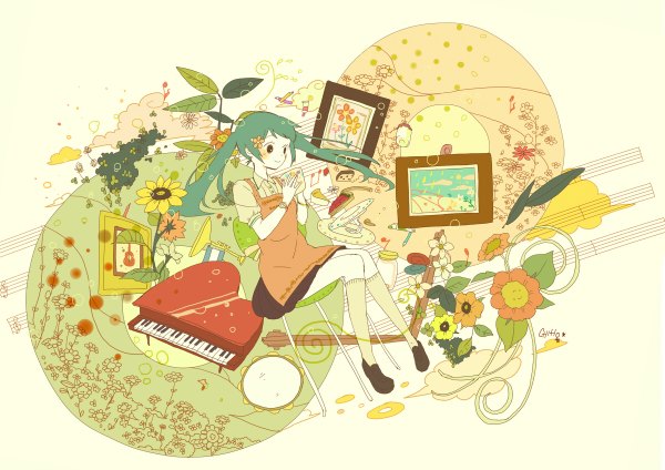 Anime picture 1200x848 with vocaloid hatsune miku hashimochi single long hair smile sitting twintails cloud (clouds) hair flower girl hair ornament flower (flowers) plant (plants) chair clock musical instrument pocket watch picture piano