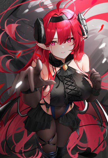 Anime picture 3081x4500 with azur lane hindenburg (azur lane) qing wu single tall image looking at viewer fringe highres breasts light erotic hair between eyes red eyes large breasts standing absurdres ahoge red hair tail very long hair horn (horns)