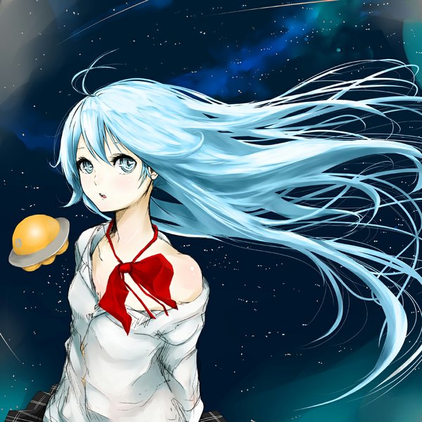 Anime picture 1000x1000 with denpa onna to seishun otoko shaft (studio) touwa erio null (artist) single long hair looking at viewer blush fringe open mouth blue eyes bare shoulders blue hair sky ahoge pleated skirt wind off shoulder night teeth
