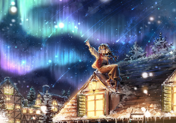 Anime picture 3307x2303 with original menna (0012) single long hair fringe highres blue eyes smile brown hair sitting absurdres full body blunt bangs long sleeves arm up night night sky outstretched arm looking up winter